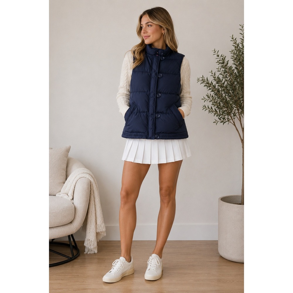 J.Crew Puffer Vest‎ Womens Small Navy Blue Down Filled Quilted Button Front